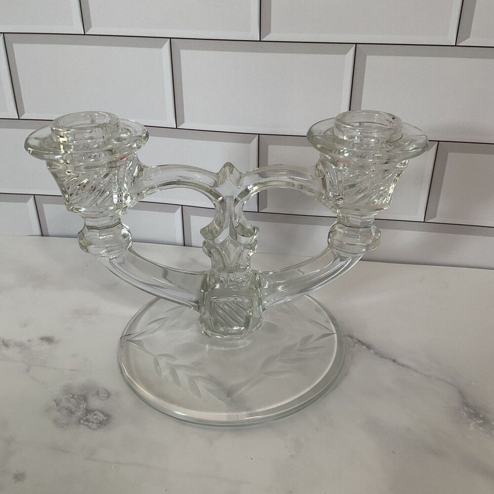 Vintage Heavy Clear Glass Double Candle Stick Holder Etched Foot